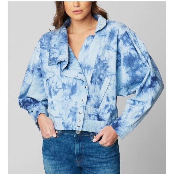 BLANK NYC Tie Dye Denim Utility Moto Jacket In Blue Tide Is High Sz S New - Picture 1 of 10